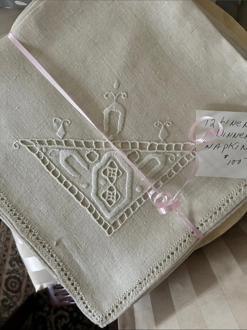 Vintage Cream Linen Dinner Napkins with Embroidered Cutwork Made in Italy